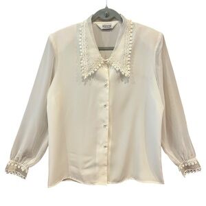 VTG Miss Rose Ivory Sheer Lace Collar Blouse Pearl Buttons Romantic Bridal 90s M